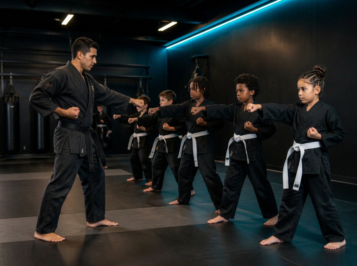 Children's MMA class practicing technique with an instructor at TD Athletics Brooklyn