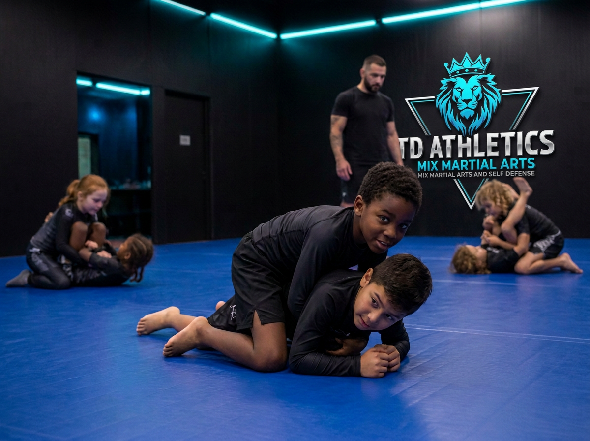 Children drilling grappling technique on blue mats with a coach supervising at TD Athletics